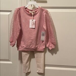 NWT Jessica Simpson Pink Long-Sleeve Top with Sheer Sleeves & Cream Leggings 4T